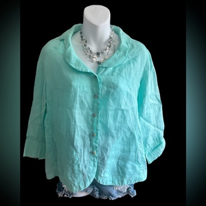 SOLD Do not BuyKleen size medium aqua Ramie‎ linen angel sleeves button blouse